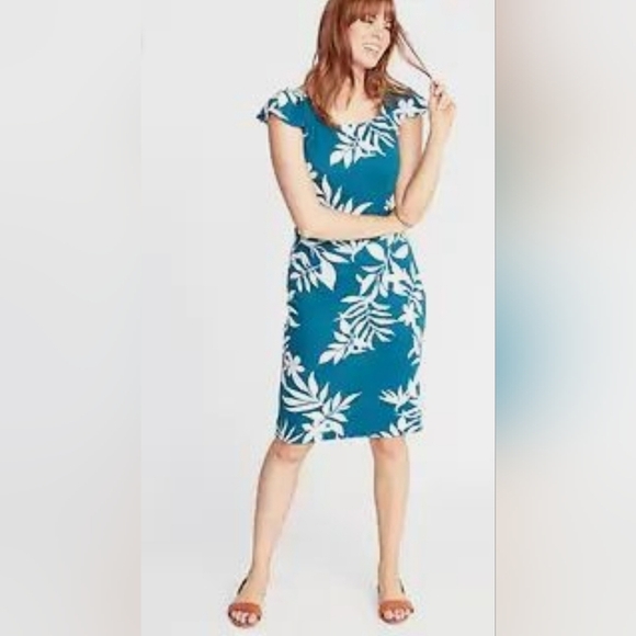 Old Navy Deep Turquoise Green White Tropical Print Sheath Dress Stretch Jersey M - Picture 1 of 16